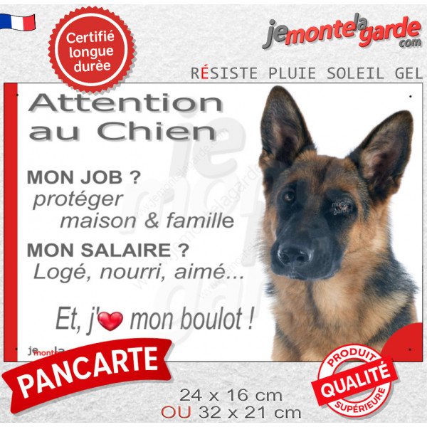 Berger Allemand poils courts, plaque humour "Attention au Chien, j'aime mon job, protéger Maison famille. Salaire, logé nourrit 