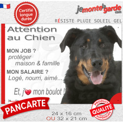 Plaque Attention au Chien humour Beauceron noir et feu – mon job ? protéger maison & famille – j’aime mon job logé nourri aimé…