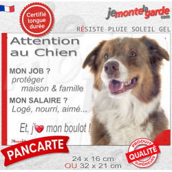 Plaque Attention au Chien humour Berger Australien tricolore rouge – mon job ? protéger maison & famille – j’aime mon job logé