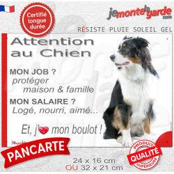 Plaque Attention au Chien humour Berger Australien tricolore noir – mon job ? protéger maison & famille – j’aime mon job logé