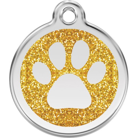 Médailles Identité Jaune Paillettes Coup de Patte Chien et Chat (gravée avec anneau)