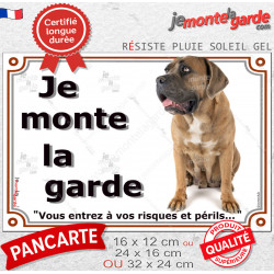 Cane Corso Italiano fauve assis, plaque portail "Je Monte la Garde, risques périls" photo résiste intempéries