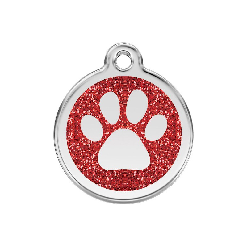 Médailles Identité Rouge Paillettes Coup de Patte Chien et Chat (gravée avec anneau)