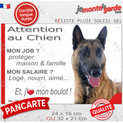 Berger Belge Malinois, plaque Attention au Chien humour – mon job ? protéger maison & famille – j’aime mon job logé nourri aimé…