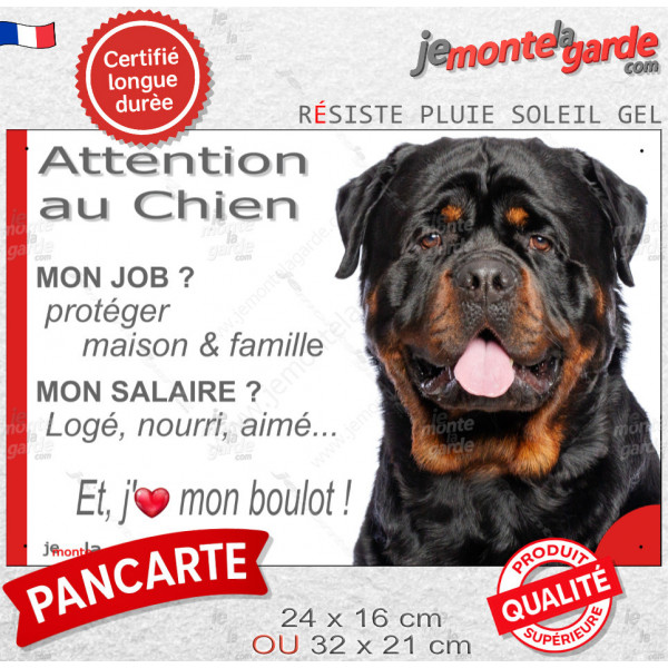 Rottweiler XL, plaque Attention au Chien humour – mon job ? protéger maison & famille – j’aime mon job logé nourri aimé… Rott