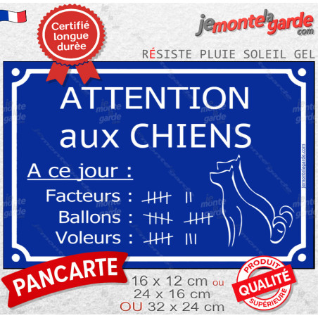 Plaque extérieure bleue "Attention aux Chiens, Nombre de Facteurs, Voleurs, Ballons..." 3 tailles FUN D