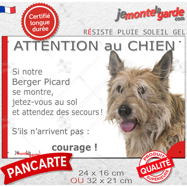 Berger Picard, plaque portail humour "Attention au Chien, Jetez Vous au Sol, secours, courage" photo résiste intempéries