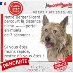 Berger Picard, plaque extérieure humour "parcourt distance Niche-Portail moins 3 secondes, rapide" photo attention au chien