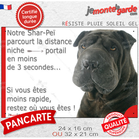 Shar-Peï noir plaque extérieure humour "parcourt distance Niche-Portail moins 3 secondes, rapide" photo, résiste pluie soleil ge