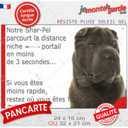 Shar-Peï lilas chocolat dilué, plaque humour "parcourt distance Niche-Portail moins 3 secondes, rapide" photo résiste intempérie