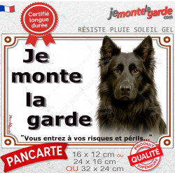 Berger Allemand noir à poil long, plaque portail extérieure "Je Monte la Garde, entrez risques périls" photo résiste intempéries