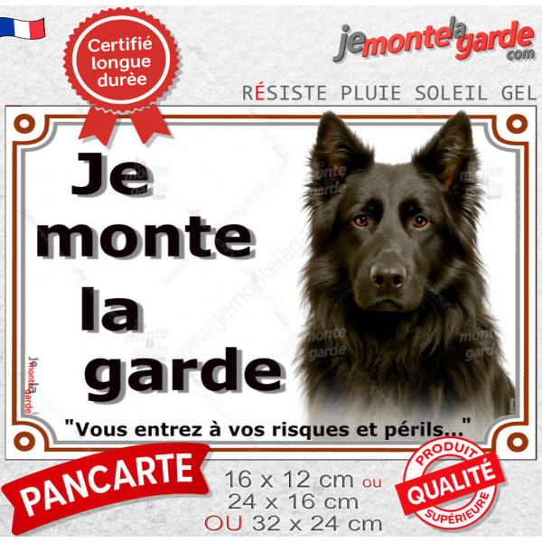 Berger Allemand noir à poil long, plaque portail extérieure "Je Monte la Garde, entrez risques périls" photo résiste intempéries