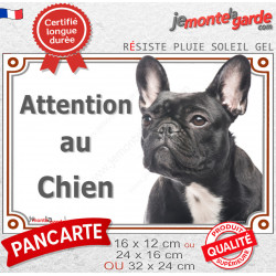 Bouledogue Français noir Bringé Tête, Plaque portail extérieur "Attention au chien" photo résiste intempéries