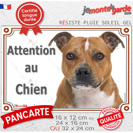 Staffie Fauve lisse blanche, plaque portail "Attention au Chien" photo, résiste pluie soleil gel, idée cadeau