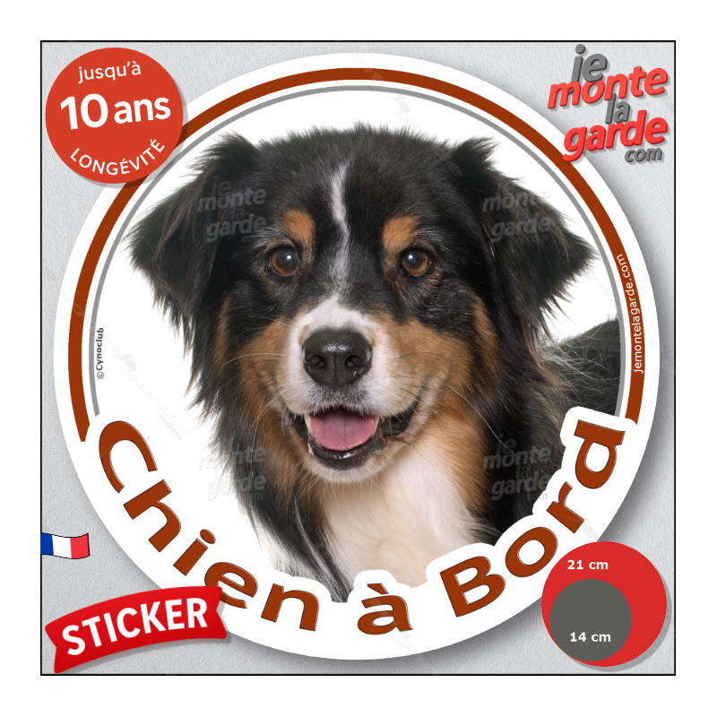 Berger Australien Tricolore Noir, sticker autocollant rond "Chien à Bord" Aussie voiture vitre auto photo adhésif Aussie
