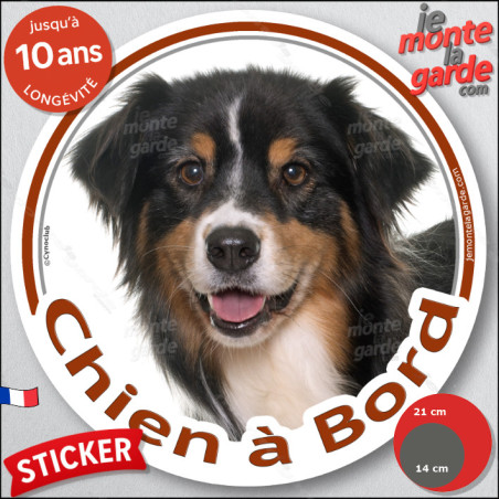 Berger Australien Tricolore Noir, sticker autocollant rond "Chien à Bord" Aussie voiture vitre auto photo adhésif Aussie