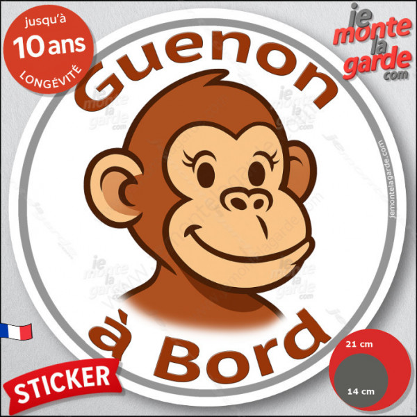 sticker rond "Guenon à Bord" humour absurde voiture remorque photo tête Disque autocollant adhésif marrant singe