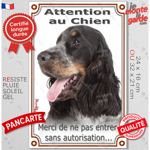 Cocker Anglais tricolore bleu roan et feu, Pancarte Portail Verticale "Attention au Chien, entrez pas sans autorisation" photo