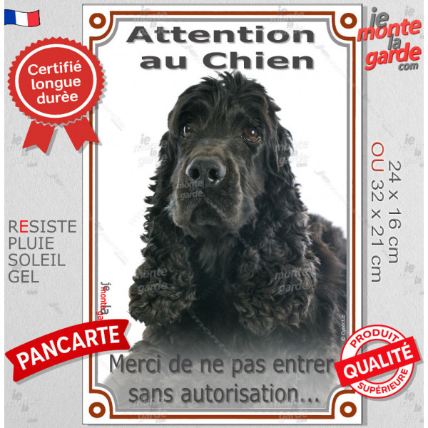 Cocker Anglais Noir, Pancarte Portail Verticale "Attention au Chien, entrez pas sans autorisation" photo résiste intempéries