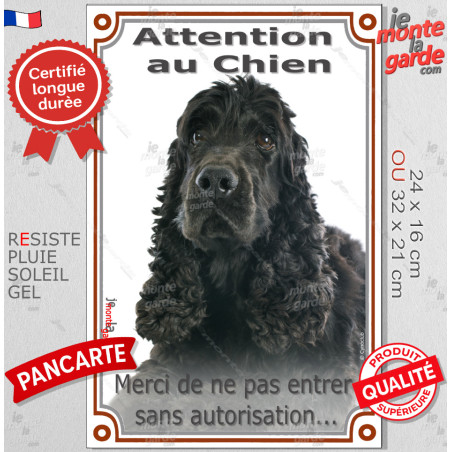 Cocker Anglais Noir, Pancarte Portail Verticale "Attention au Chien, entrez pas sans autorisation" photo résiste intempéries