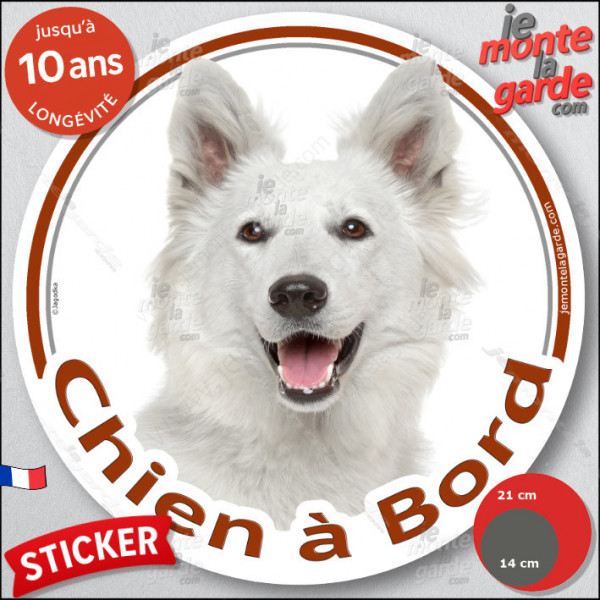 Berger Blanc Suisse, sticker rond "Chien à Bord" Disque autocollant adhésif voiture auto vitre photo