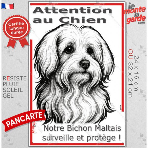 Plaque portail verticale "Attention au Chien, notre Bichon Maltais surveille et protège" dessin stylisé, résiste intempéries