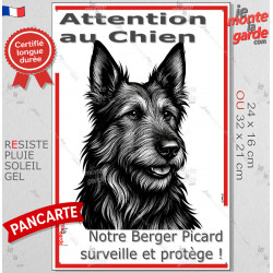 Plaque portail verticale "Attention au Chien, notre Berger Picard surveille et protège" dessin stylisé noir, résiste intempéries