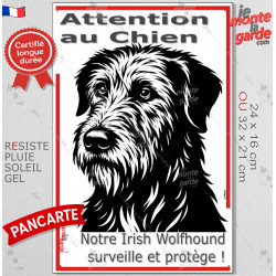 Plaque portail verticale "Attention au Chien, notre Irish Wolfhound surveille et protège" dessin stylisé noir, résiste intempéri