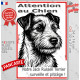 Plaque portail verticale "Attention au Chien, notre Jack Russell poils durs surveille protège" dessin stylisé, résiste intempéri