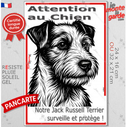 Plaque portail verticale "Attention au Chien, notre Jack Russell poils durs surveille protège" dessin stylisé, résiste intempéri