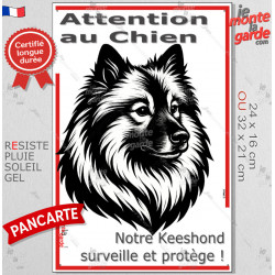 Plaque portail verticale "Attention au Chien, notre Keeshond surveille et protège" dessin stylisé noir, résiste intempéries