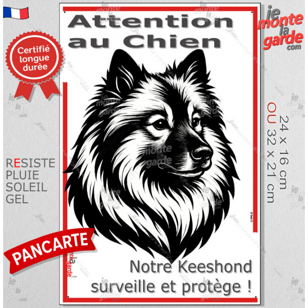 Plaque portail verticale "Attention au Chien, notre Keeshond surveille et protège" dessin stylisé noir, résiste intempéries