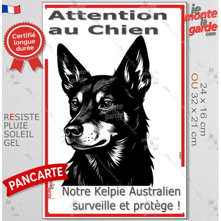 Plaque portail verticale "Attention au Chien, notre Kelpie Australien surveille et protège" dessin stylisé noir et blanc, résist