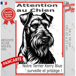 Plaque portail verticale "Attention au Chien, notre Terrier Kerry Blue surveille et protège" dessin stylisé noir et blanc