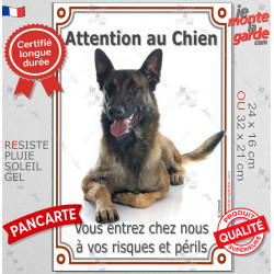 Berger Belge Malinois couché, plaque portail verticale "Attention au Chien, pas entrer sans autorisation" photo résiste intempér