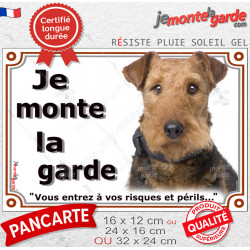 Airedale Terrier, plaque portail extérieure "Je Monte la Garde, entrez à vos Risques et Périls" photo résiste intempéries