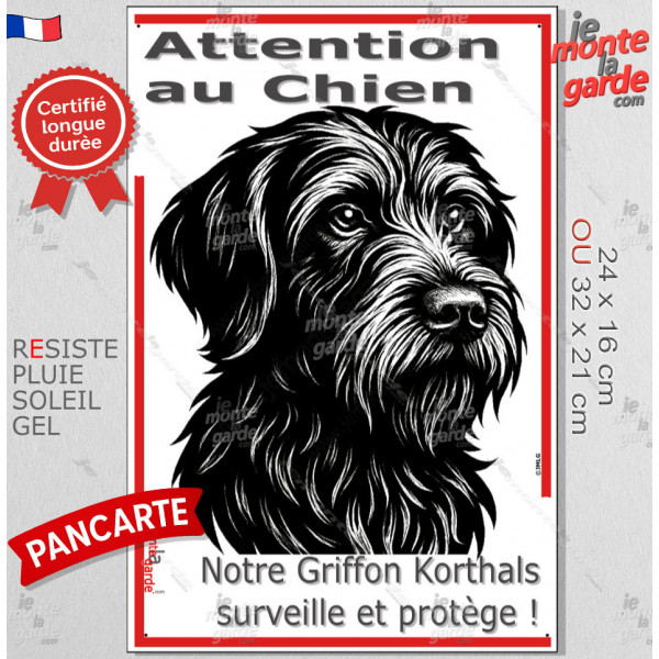 Plaque portail verticale "Attention au Chien, notre Griffon Korthals surveille et protège" dessin stylisé noir, résiste soleil