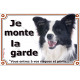 Border Collie Noir & Blanc Poils Longs, Plaque portail extérieure "Je Monte la Garde, risques périls" photo résiste intempéries