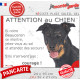 Beauceron noir et feu, panneau humour "Attention au Chien, montre, jetez-vous au sol, attendez secours" photo Berger Beauce