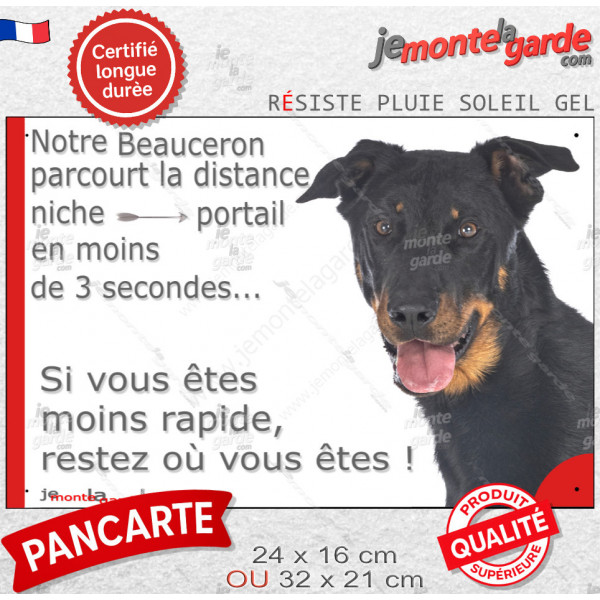 Beauceron noir et feu, Plaque Portail humour extérieur "parcourt distance niche-portail 3 secondes" photo berger Beauce drôle