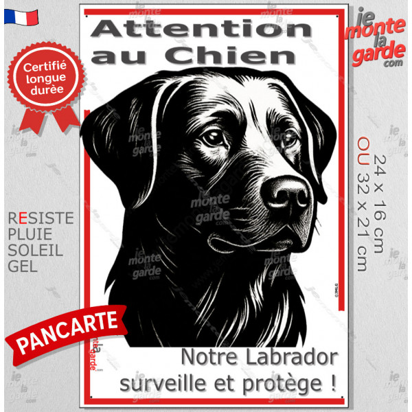 Plaque portail verticale "Attention au Chien, notre Labrador surveille et protège" dessin stylisé noir et blanc, résiste intempé