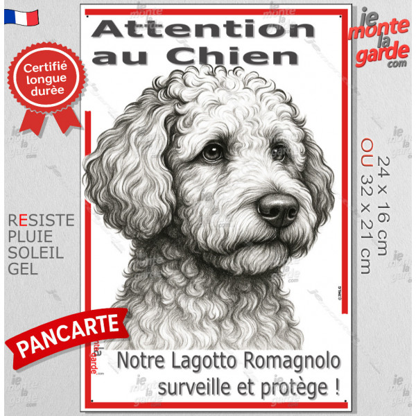 Plaque portail verticale "Attention au Chien, notre Lagotto Romagnolo surveille et protège" dessin stylisé noir, résiste soleil