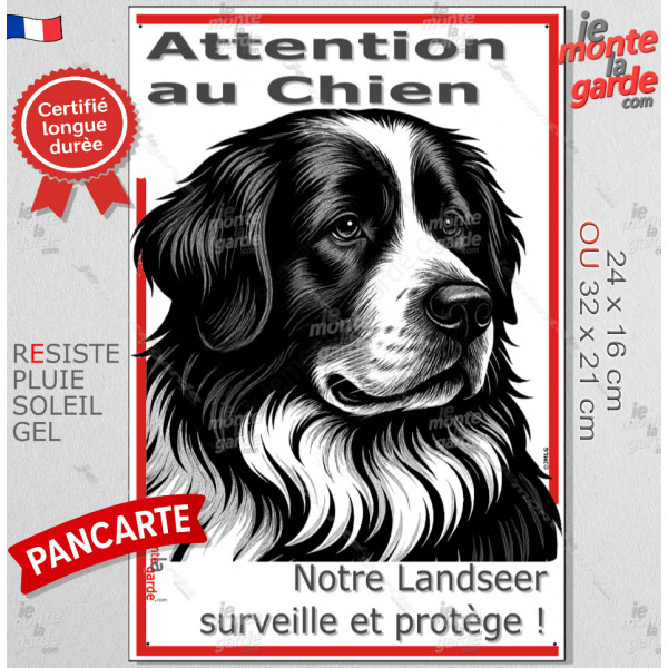 Plaque portail verticale "Attention au Chien, notre Landseer surveille et protège" dessin stylisé noir, résiste intempéries