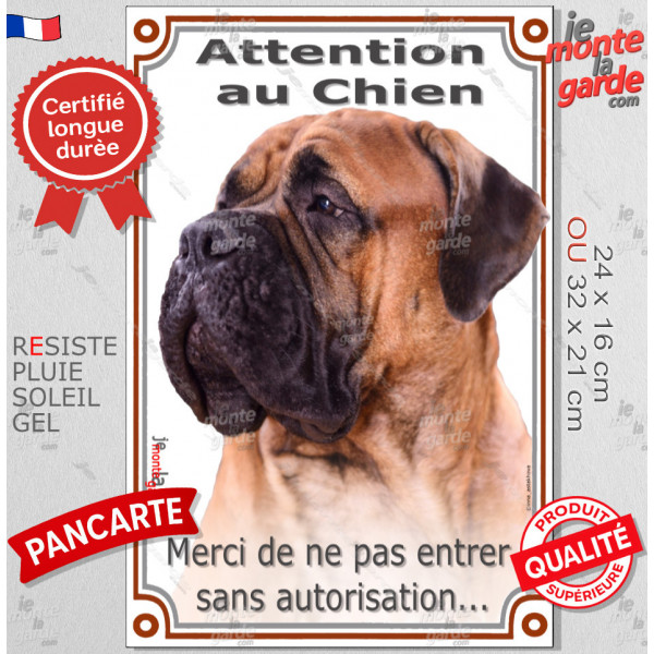 Bullmastiff Fauve, Plaque Portail verticale "Attention au Chien, entrez pas sans autorisation" résiste intempéries