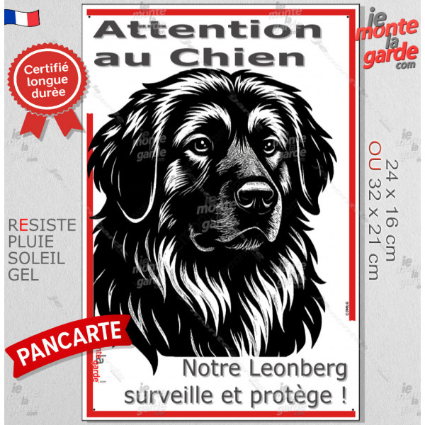 Plaque portail verticale "Attention au Chien, notre Leonberg surveille et protège" dessin stylisé noir, résiste intempéries