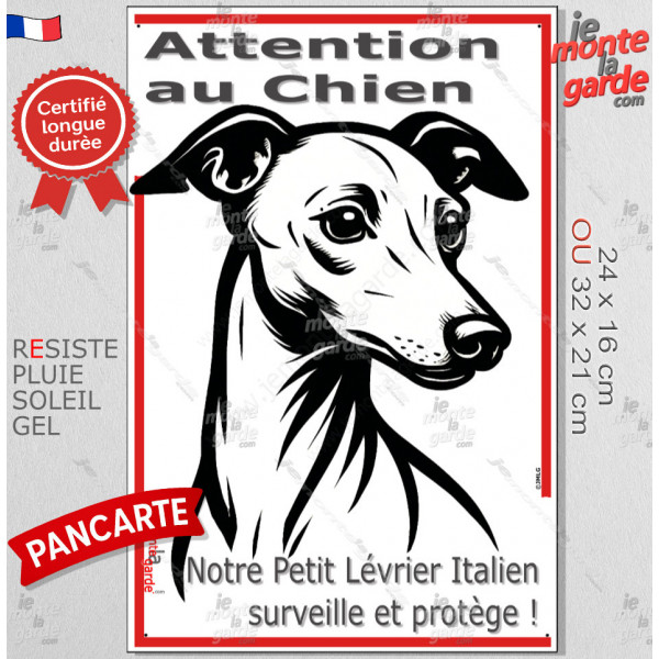 Plaque portail verticale "Attention au Chien, notre Petit Lévrier Italien surveille et protège" dessin stylisé, résiste soleil