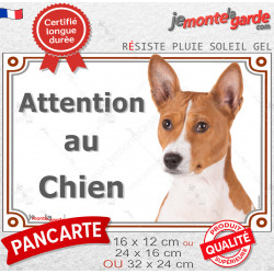 Basenji fauve et blanc, plaque portail extérieure "Attention au Chien" photo résiste intempéries