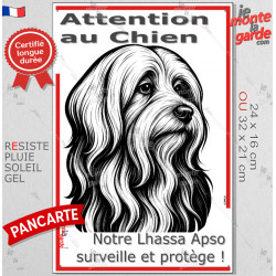 Plaque portail verticale "Attention au Chien, notre Lhassa Apso surveille et protège" dessin stylisé noir, résiste intempéries