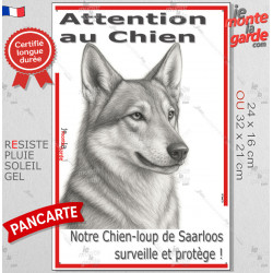 Plaque portail verticale "Attention au Chien, notre Chien-Loup de Saarloos surveille et protège" dessin stylisé, résiste soleil