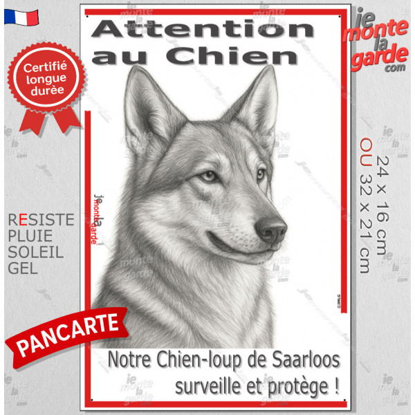 Plaque portail verticale "Attention au Chien, notre Chien-Loup de Saarloos surveille et protège" dessin stylisé, résiste soleil